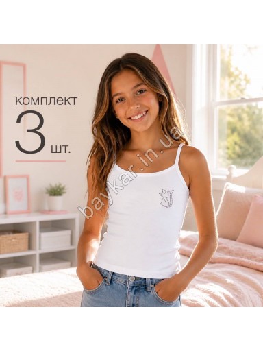 Майки дитячі бавовняні для дівчинки зі стразами Baykar арт 4174-01 Білий Кіт Комплект 3шт