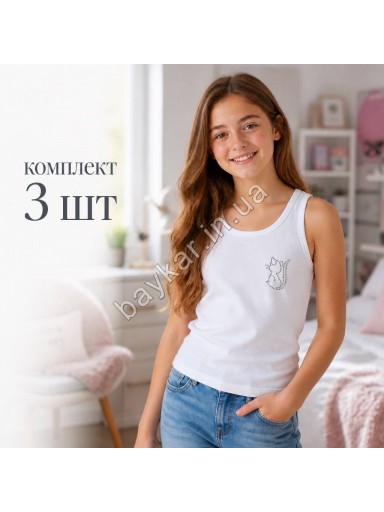 Майки 3шт дитячі бавовняні для дівчинки зі стразами Baykar арт 4176-01 Білий Кіт