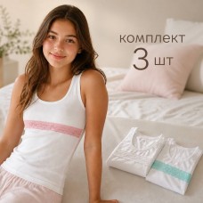 Майка 3 шт хлопковая с кружевом для девочки подростка Baykar арт 7645-01 Белый